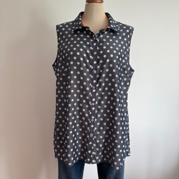 Laura - Blue and White Polka Dots Slevelless Button Down Shirt - Picture 1 of 9